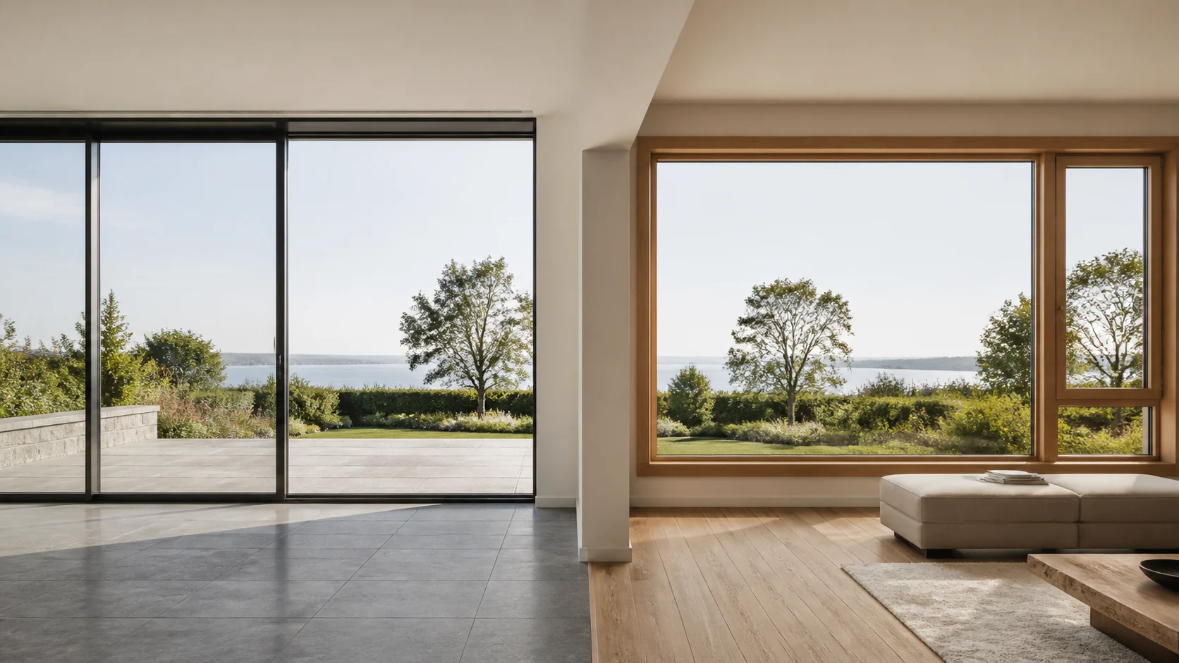 Gegenüberstellung eines schlanken Aluminium-Panoramafensters und eines warmen Holzfensters