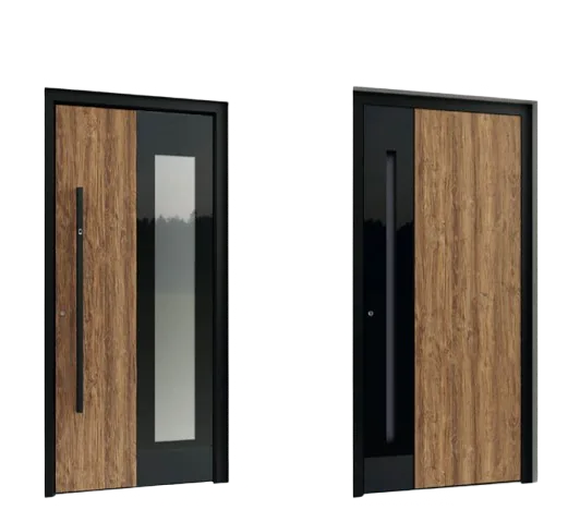 Aluminium-Haustür mit Holzdekor und Glasfeld